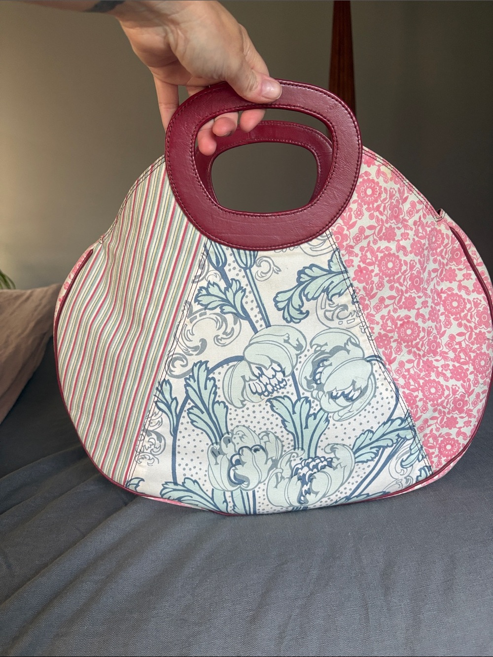Anthropologie Patchwork Round Tote in Burgundy, Pink, Blue, Cream